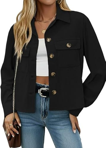 Sukiglam Damen Jacken Kurze Cordjacke mit Knöpfen Reverskragen Übergangsjacke mit Brusttaschen Herbst Blouson Elegant Casual Langarm Cord Jacke Vintage Bomberjacke Dünne Jacken Mode Streetwear