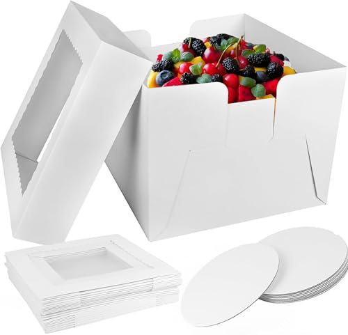 KUOGAS Kartong tårta låda (25 x 25 x 20 cm), 5 st kaklådor med fönster, hög kaklåda med bricka, transportlåda för tårta och bakverk (10 x 10 x 8 tum - 5 st)