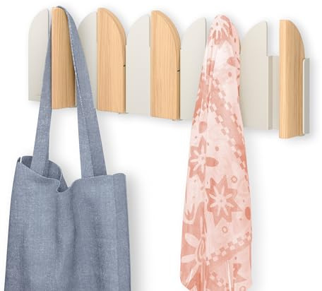 Umbra Saloon Wall Hook, Wall Mounted Coat Rack, 5 Hook, Natural | Beech wood panels, supports coats and bags, mounting hardware included, space saving design, easy to install