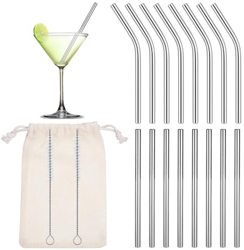 Yuanchu 16 Pack Short Small Metal Cocktail Straws, Stainless Steel Straws | Reusable 8 Straight 8 Bent Straws Set, with Cleaning Brush Drinking Straws for Coffee Cocktails Wine Small Glasses Cups
