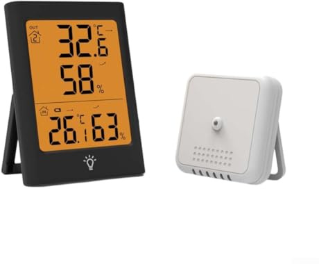 Thermomètre et hygromètre numérique sans fil avec grand écran, moniteur de température intérieure et extérieure, design étanche, matériau ABS, pour station météo domestique, blanc/noir (noir)