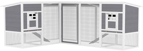 PawHut Hühnerstall L-förmiges Hühnerhaus aus Holz 251 x 192 x 103 cm, Freilaufgehege mit 2 Häusern, 2 Ebenen, Auslauf, Rampe, herausziehbarer Schublade, Hühnergehege für Garten, Grau
