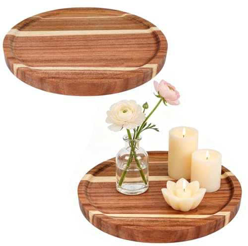 2 Stück Rundes Holztablett 20 cm, Tablett Rund aus Akazienholz, 1,5cm Hoch | Natürliche Holzmaserung, Holz Tablett Klein, Deko Tablett für Getränke, Snacks, Kaffee, SchlüSseln, Schmuck, Kosmetika