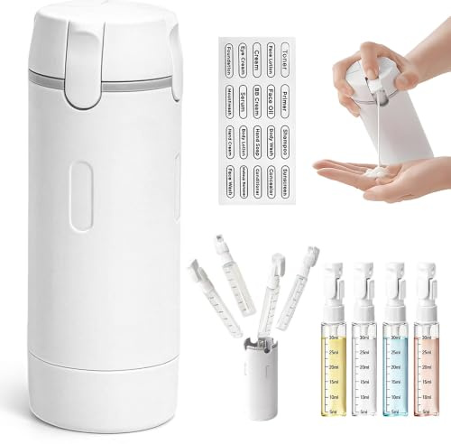 SKJJM Flacon Distributeur de Voyage 4 en 1, Récipients Portables Rechargeables Anti-fuites, Bouteilles de Voyage 4 en 1 avec Echelle et Etiquette, pour Shampooing, Lotion, Baume et Crème (Blanc)