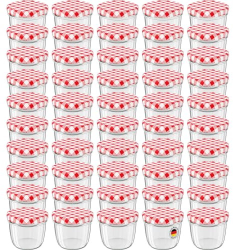 WELLGRO 50x Einmachgläser mit Schraubdeckel, 230 ml Einmachglas Klein, Marmeladengläser Rot Karierte, Kleine Gläser mit Deckel To 82, Einweckgläser Made in Germany, Schraubgläser Stückzahl: 50 Stück