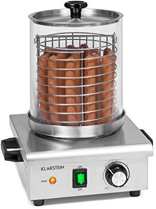 KLARSTEIN Pro Wurstfabrik 450 - Hot Dog Maker, 450 Watt, 30-100 °C, Cilindro in Vetro: Ø 20 cm, Gabbia in Acciaio Inox Suddividibile: Ø 17 cm / 5 litri, Acciaio Inox, Serbatoio: 1,1 L, Argento
