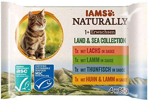 IAMS Naturally Katzenfutter Nass in Sauce - hochwertiges Nassfutter mit Fleisch und Fisch für erwachsene Katzen, Land & Sea Collection, 4 x 85 g
