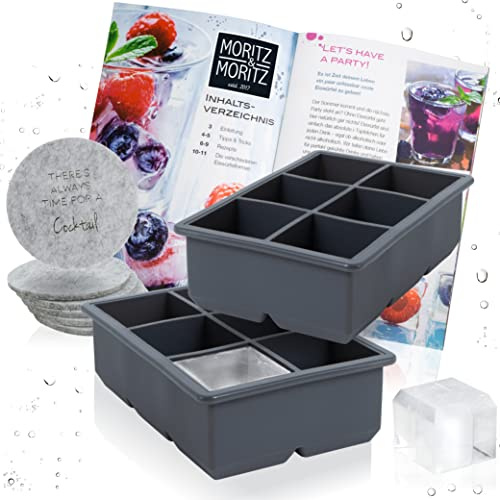 Moritz & Moritz Eiswürfelform XXL eckig 2er Set Silikon 12 Eiswürfel | Eiswürfelbehälter je 16 x 11 cm für je 6 große Würfel, -20 bis +220 Grad, inkl. 6 Filz-Untersetzer und Rezeptheft