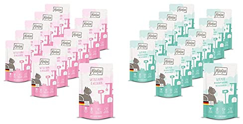 MjAMjAM - Premium Nassfutter für Katzen - saftiges Huhn und wildlachs, 12er Pack (12 x 125 g) & Premium Nassfutter für Katzen - Quetschie - Gute Pute an gedämpftem Kürbis, 12er Pack (12 x 125 g)
