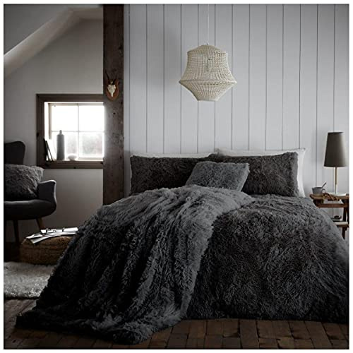 GC GAVENO CAVAILIA Luxurious Teddy Fleece Duvet Cover Double, Super Soft Fluffy Hug and Snug Quilt Covers With Pillowcases, Thermal & Snuggle Fur Bedding, Charcoal, 3 Pieces