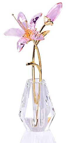 Crystal Floral Figurine Lily Flower Collectible Gifts for Women, Glass Lilium with Crystal Vase Metal Stem for Home Wedding Party Ornament Decor (Pink)