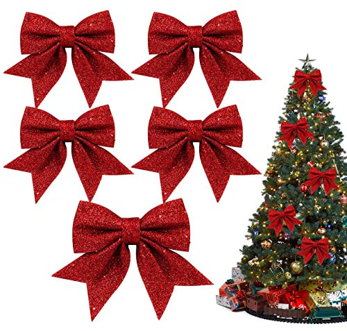 Yueshop Christmas Bows Large Bows Decoration, 5PCS 4.7in*5.9in Xmas Tree Bow Glitter, Sequin Bowknot Ties, Suitable for Christmas Party, Wedding, Home Ornament Decoration(Red)