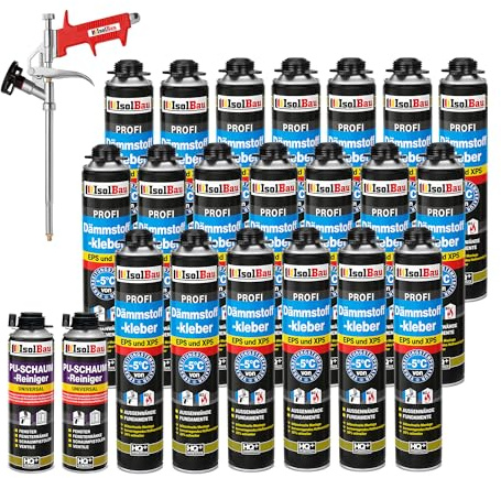 Isolbau B2 Dämmstoffkleber SET - 20 x 750 ml Perimeterkleber, 2 x PU-Schaum-Reiniger & 1x Schaumpistole für EPS & XPS-Platten - 1K PU-Klebeschaum für Fixieren und Dämmung
