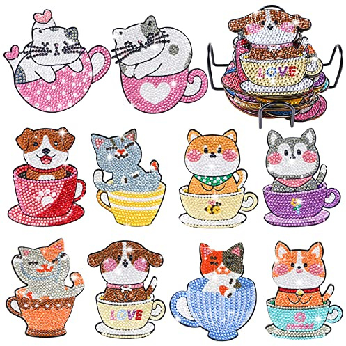 KRUCE 10 PC Diamond Painting Art Untersetzer mit Halter,Hunde und Katzen geformte DIY Diamond Painting Untersetzer Erwachsene für Anfänger Kinder Erwachsene Kunst Handwerk Zubehör