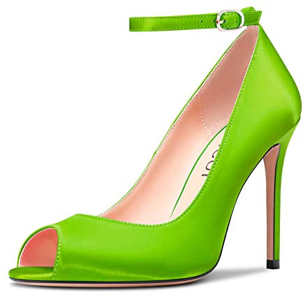 Aachcol Mujer Aguja Alto High Heel Pumps Correa Tobillo Abierta Punta Dress Zapatos Fiesta de Boda Satín Verde Lima 10 CM 43 EU