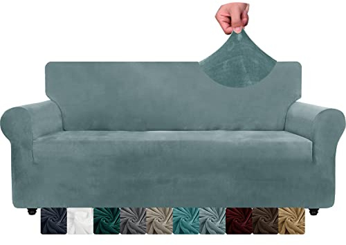 XINEAGE Samt Sofaüberzug 3 Sitzer, Stretch Sofa überzug für Wohnzimmer, Dicke Weiche Sofaüberwurf, Rutschfester Sofa Cover für Hunde, Haustiere (3 Sitzer, Graublau)
