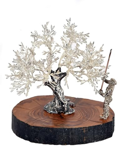 Escultura Decorativa Olivo con Vareador Artesanal en Plata sobre Madera de Olivo Centenario | Figura Decorativa para Salón y Despacho | Regalo Original para Boda, Jubilación y Navidad | 17x18 cm