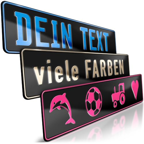 1 Fun-Schild geprägt | Schwarz Glanz mit Wunschtext bis zu 16 Zeichen | Individuelles Fun-Kennzeichen aus Aluminium | Namensschild | Auto-Kennzeichen | Optional Löcher & Saugnäpfe