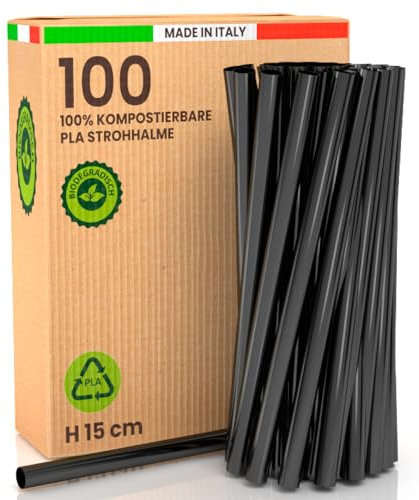 100 Cannucce Larghe Jumbo in Bioplastica 100% Rigide Ecologiche - 15 cm x 8 mm, Biodegradabili Compostabili Riutilizzabili, Made in Italy - Ideali per Bevande, Cocktail, Eventi e Feste – Colore Nero