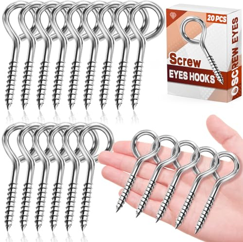 20 Pcs 2.5 Inch Eye Bolts Screw in Heavy Duty, Stainless Steel Eye Hooks | Sturdy Anti-Rust Self Tapping Eyelet Screws for Securing Cables Wires, Hanging Lights, Indoor & Outdoor Use