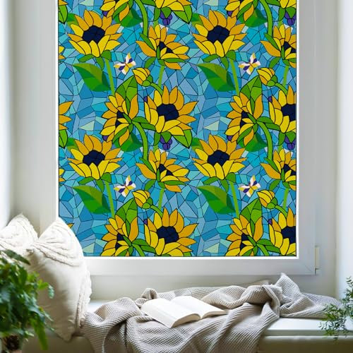 dktie Sichtschutz Vinyl Buntglas Milchglas Abnehmbare Florale statische Haftfolie ohne Klebstoff für Küche, Badezimmer (04, 44.5x200cm)