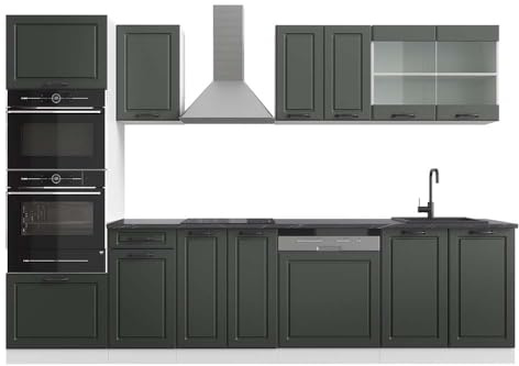 Vicco Küchenzeile R-Line, Anthrazit Landhaus, 300 cm | 8 Module · Höhenverstellbare Füße · AP Anthrazit inkl. · MDF-Fronten · Mit Backofen-/Mikrowellenschrank