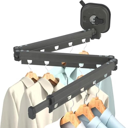 mumisuto Clothes Drying Rack Wall Mounted, Retractable Garment Rack with Hooks, Tri-Collapsible Drying Rack, Space Saver Clothes Drying Hanger Racks for Balcony, Laundry, Bathroom