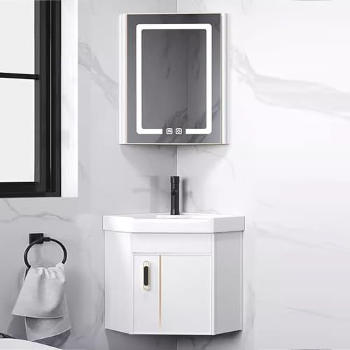 DYUNCZ Meuble Lave Main d'angle, Meuble Vasque Salle de Bain d'angle avec Lavaboen Céramique et Armoire a Miroir LED Antibuée, Ensemble Meuble Salle de Bain Suspendu(Bianco,48cm/19)