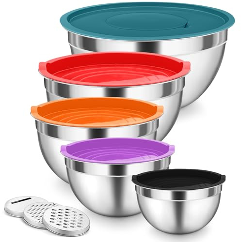 Onader Rührschüssel 5er Set, Edelstahl Schüssel Salatschüssel Sets mit Luftdichtem Deckel und 3 Reibenaufsätzen, Größe 4,5L /3L /1,5L /1,2L /0,7L, Stapelbar & Spülmaschinenfest, Bunt