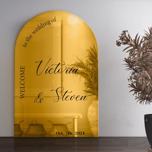 Pahdecor Panneau de bienvenue de mariage en acrylique givré personnalisé, moderne, minimaliste, doré, décoration de table de mariage, panneau de mariage en acrylique miroir doré, différentes tailles