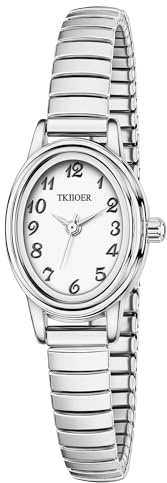 TKIIOER Small Silver Watches for Women, Easy to Read Ladies Analog Watch, 30M Waterproof, Luminous Dial, Stainless Steel Expansion Strap (Silver White)