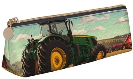KCGSDEGV Federmäppchen mit Traktor-Farm-Motiv, dreieckig, niedliches Leder-Federmäppchen, Stifteetui, Schreibwaren-Organizer, Box für Schule, Mädchen, Jungen, weiß, Einheitsgröße, Schulranzen