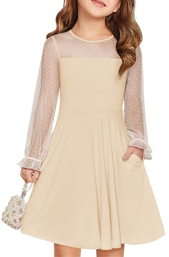 Haloumoning Abito da principessa per bambini, a contrasto, a maniche lunghe, elegante, linea ad A, girocollo, con tasche per 6-14 anni