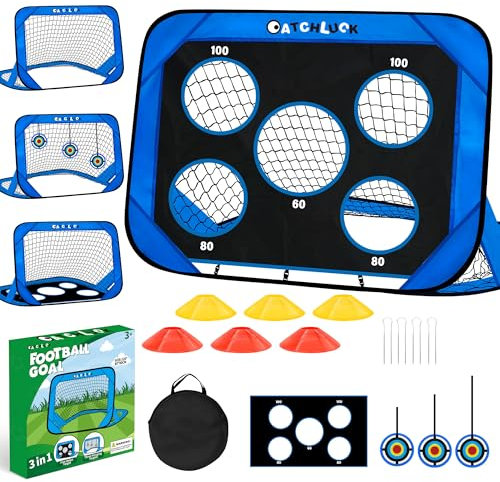CATCHLUCK Fotbollsmål för trädgård barn fotbollsnät pop up mål trädgård vikbara målinlägg målnät träningsutrustning med bärväska (Blå)