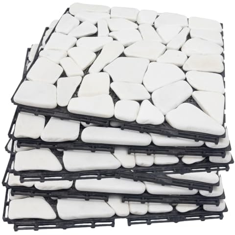 Decking - Azulejos entrelazados de guijarros naturales para patio, interiores y exteriores, 12 x 12 pulgadas, 6 piezas, una gran opción de actualización para jardín y patio (blanco)