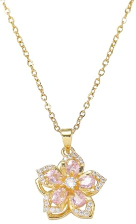 Collar con Colgante de Flor Giratorio, Collar con Colgante de Flor de circón, Exquisito Collar con Colgante de Flor de Cristal, Regalos de joyería para Mujeres (Pink)