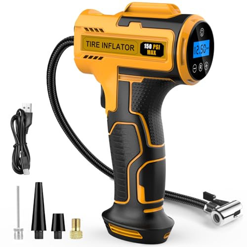 Hjh Car Tyre Inflator Air Compressor, USB Rechargeable Battery Car Tyre Pump, 150PSI Portable Cordless Tyre Inflator with LED Light for Motorcycle Bike Ball