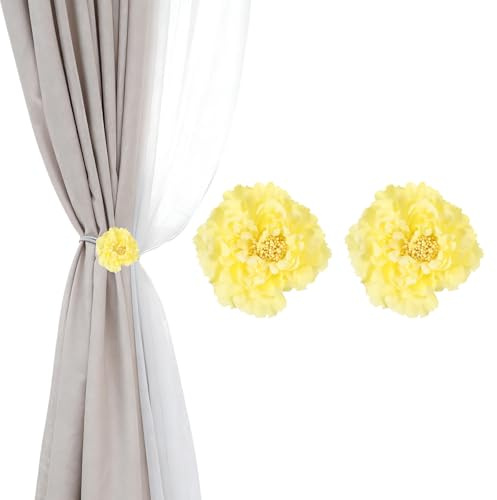 PATIKIL Fermacurtain Fiori, 2 Pezzi Clip per Tende Fiori Artificiali, Fermatende Moderni, Clip Decorative per Tende per Casa, Camera, Ufficio, Giallo
