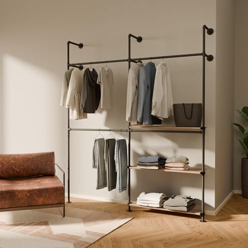 pamo Offener Kleiderschrank Wandmontage – 360 kg Traglast | 201 x 222 cm | Industrial Begehbarer Kleiderschrank System mit Eichenholz-Regal | Wandsystem aus Wasserrohren Metall schwarz | 201 x 222 cm