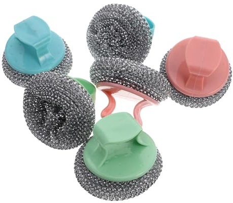 PACKOVE 6stücke Pfannenschrubber Aus Edelstahl Mit Griff Abnehmbar Für Geschirrspülen Hochleistungsschrubber Für Töpfe Und Pfannen Robuster Metallschwamm Zum Reinigen