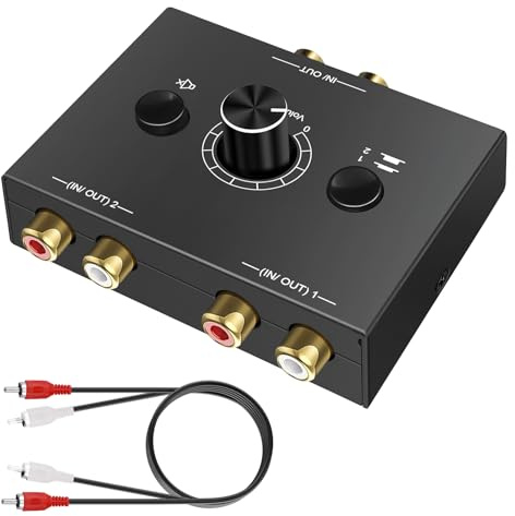 Stereo RCA Audio Switcher 2(1)-In-1(2)-Out, Bidirectional Speaker Converter Switch Box with One-Key Mute Button, Plug & Play, No External Power Required for DVD Player/Soundbar/Speaker