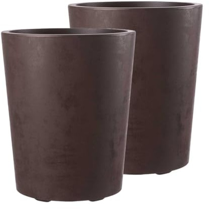 Kreher 2 x XL Pflanzkübel 'Millennium' in verschiedenen Formaten/Farben. Tolle Naturstein Optik in Anthrazit, Grau, Creme Weiß oder Braun! Aus robustem Kunststoff. (Braun, 2 x 48 Liter Rund)