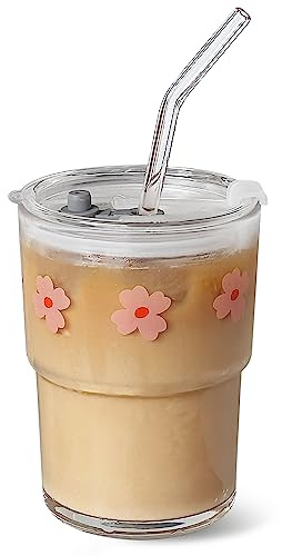 13oz Glass Tumbler with Straw and Lid – Reusable Iced Coffee Cup, Cute Glass Cups for Water, Matcha, Travel Coffee Mugs (Pink Flower)