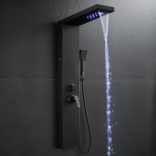 ROVOGO All Black Shower Panel Tower System with LED Lights, 5 Shower Modes - Waterfall, Rainfall, Massage Jets, Handheld and Bathtub Spout, Stainless Steel Column Shower for Bathroom, Wall Mounted