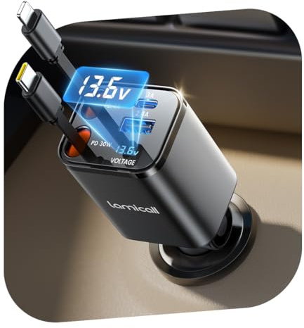 Lamicall 4 en 1 Chargeur Allume Cigare Voiture USB C - 69W Charge Rapide [Compact] [Indicateur de Tension] 180° Pliable Chargeur Voiture avec 2 Câbles Rétractables & Port USB-C/A, pour iPhone/Samsung