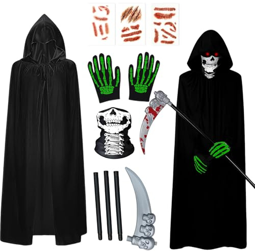 BFSYRR Grim Reaper Costume, Halloween Costumes, 7 Piece Set with Mask, Gloves, Scythe, Tattoos and Cloak for Halloween Parties, Cosplay and Gothic Events