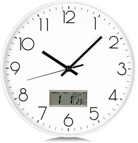 ATEK 12 Inch Silent Wall Clock with Date & Temperature, Battery Operated | Indoor Temperature Monitor, Non Ticking Operation, Modern Home Décor Style
