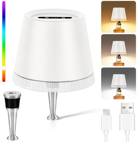 OUTON Lampada per Bottiglia Ricaricabile RGB & 3 Colori, Luce Dimmerabile Touch, Batteria 4000mAh, Lampada Senza Fili con Paralume, IP54 per Interni/Esterni, Bianco