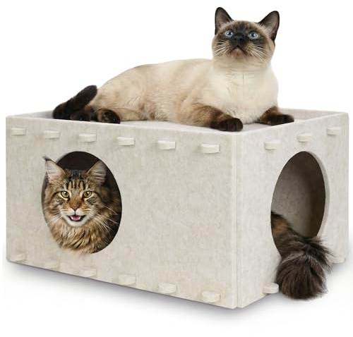 LVUVXVAV Cat House for Indoor Cats, Scratch Resistance Cat Cave Bed, Felt Peekaboo Cat Hideaway for Large & Multiple Cats Up to 22Lbs, Cream
