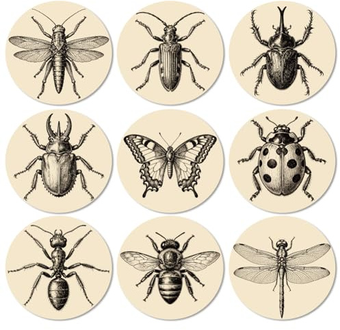 ANATTASOUL Wood Coasters Set of 9 for Drinks Line Drawing Insects Pattern Colorful Wooden Cup Mat for Coffee Table Decor, 3.9 Non-Slip Desk Coasters for Home, Apartment, Office, Bar, Gifts